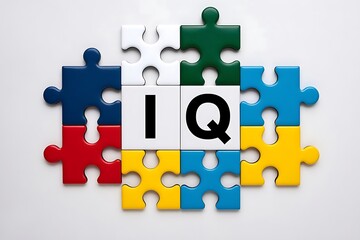 Fototapeta premium “Multicolored Puzzle Pieces with IQ Text on middle – Concept of Intelligence, Brain Function, Logical Thinking, and Educational Development”