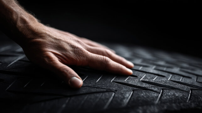 Closeup of hand touching tire tread with textured rubber surface and detailed pattern, dark background, emphasizing tactile feel and durability of tire, conveying strength and reliability