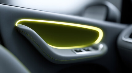 Close up of car interior door panel with illuminated accent lighting, modern design, sleek surface, window controls, and soft ambient glow, creating stylish and contemporary look inside vehicle