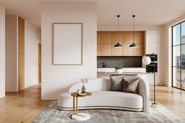  Vertical Frame Mockup on Partition Wall in Open Kitchen-Living Room Interior – Daylight Scene