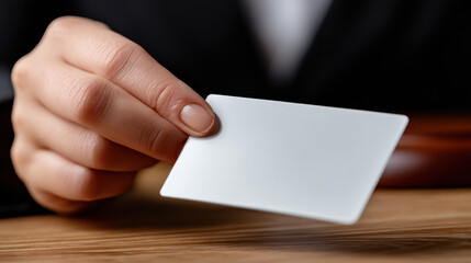 Obraz premium Person holding blank white card hand close up of fingers and card professional setting wooden table surface business or identification concept formal attire focus card minimal background clean