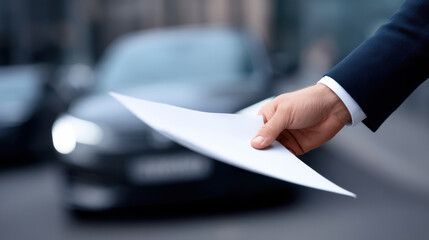 Person in formal attire holding document or paper in front of parked cars on street, possibly related to legal or official matters, with blurred background