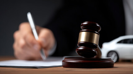 Close up of judge gavel desk with person signing document background, symbolizing legal proceedings or court decisions, with small model car background indicating possible legal case related to