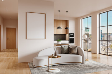 Framed Poster Mockup on Wall in Bright City Apartment – Sofa and Kitchen in One Shot