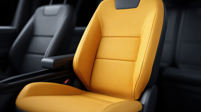 Yellow car seat with black accents vehicle interior, showing modern and stylish design, comfortable and ergonomic for passengers, with focus seat fabric and structure, ideal for automotive seating