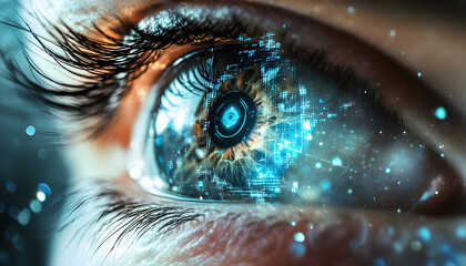 Close-up of a human eye with futuristic digital interface, representing technology and innovation in a digital world