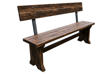 Rustic wooden park bench with metal supports isolated on a transparent background