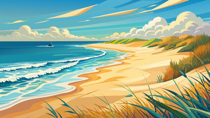 The Outer Banks shore in Nags Head, North Carolina, stretches with golden sands and soft waves. This beach shoreline is very beautiful, reflecting nature&rsquo;s gentle rhythm under bright sunlight.