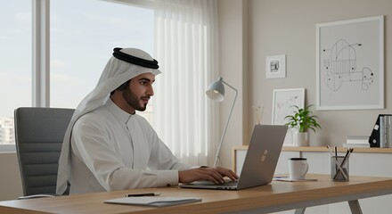 Arab Man Working From Home Office