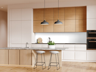 Modern kitchen with granite island and pendant lighting – full frontal view with black wall...