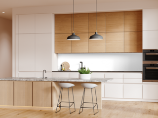 Modern kitchen with granite island and pendant lighting – full frontal view with black wall background removed – Transparent Wall PNG with Realistic Shadows – 3D render