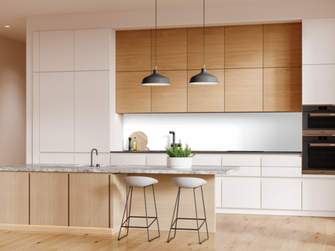 Modern kitchen with granite island and pendant lighting – full frontal view with black wall background removed – Transparent Wall PNG with Realistic Shadows – 3D render