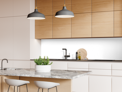 Granite kitchen island and black backsplash removed – close-up of faucet and decor elements  – Transparent Wall PNG with Realistic Shadows – 3D render