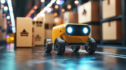A yellow robot with glowing eyes and antennas, driving through a warehouse with cardboard boxes in the background.