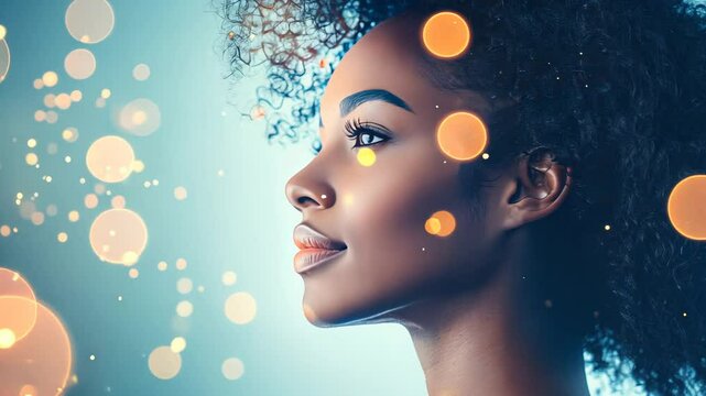 Serene afro woman amidst dreamy bokeh lights and subtle smiles
