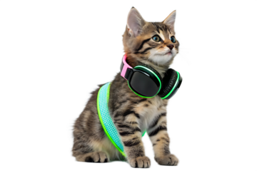 Cute kitten wearing headphones and a harness looking up on a black isolated background studio shot