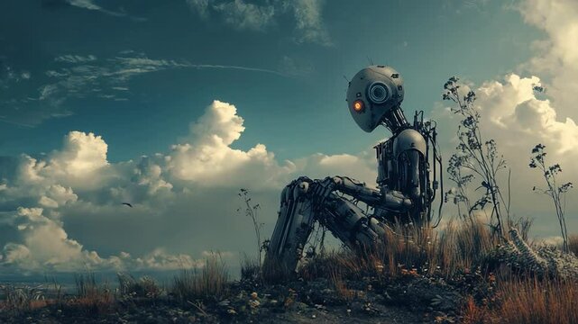 A solitary robot sits in a grassy field under a dramatic sky, reflecting on its existence