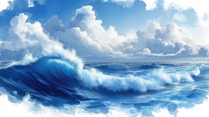 Watercolor ocean waves. Blue water background.