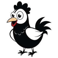 Smiling black and white cartoon chicken stands facing front, looking forward cheerfully