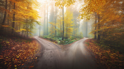 A forked road through golden autumn woods symbolizes life's choices in nature's quiet embrace.