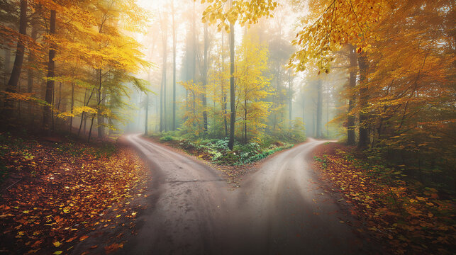 A forked road through golden autumn woods symbolizes life's choices in nature's quiet embrace.