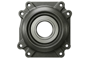 Industrial metal housing with a central bearing mechanism isolated on a transparent background