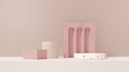 3D rendering of a minimal pink studio background with a product display stand, podium, and pedestal.