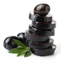 Stacked black olive slices with fresh green leaves