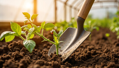 Gardening shovel digging into soil with young plants in greenhouse  