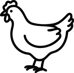 A simple black line drawing showcases a hen standing in profile view