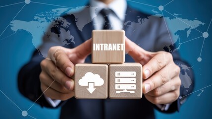 Wooden blocks illustrating intranet and cloud computing.
