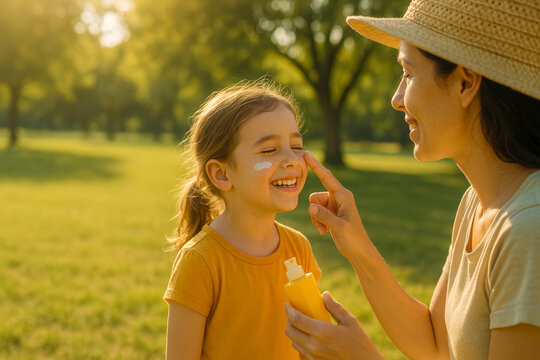 Ultra-Realistic High-Resolution Image of a Smiling Girl in a Sunny Park Getting Sunscreen Gently Applied by Her Mother – A Bright and Loving Summer Moment Highlighting Skincare, Safety, Family Bonding