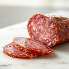 Sliced salami on a marble surface