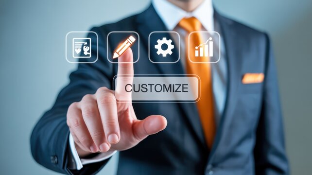 A hand touching a customize button on a digital interface.
