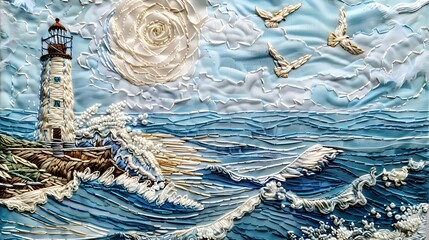 A detailed embroidery of a lighthouse by the sea with waves crashing and seagulls flying, on a light blue fabric.