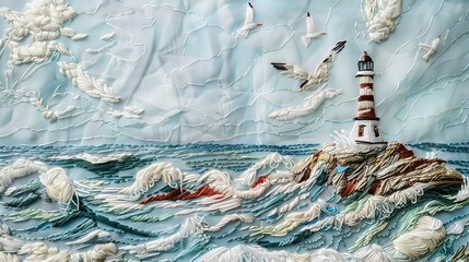 A detailed embroidery of a lighthouse by the sea with waves crashing and seagulls flying, on a light blue fabric.