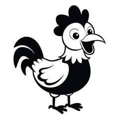 Cheerful black and white rooster stands smiling with open beak in a simple line style
