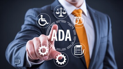 Businessman interacting with a digital interface displaying the ADA.