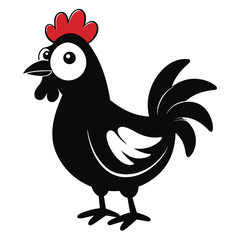 A cartoon black chicken with a red crest stands on a white background