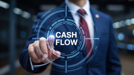 A hand interacts with a digital cash flow interface.