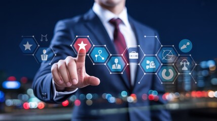 Businessman interacts with a digital interface showing interconnected business icons.