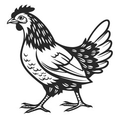 Bold black and white sketch shows hen walking with detailed feathering and comb