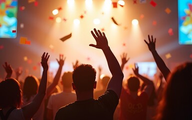 Hands Raised in Celebration Amidst Flying Confetti at a Festival. High quality