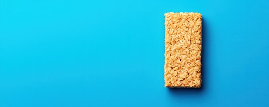 A single granola bar with oats sits on a bright blue background, highlighting its texture and healthy snack appeal.