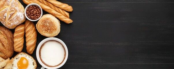 A variety of fresh baked bread, a fried egg, and a cup of coffee arranged on a dark wooden surface.