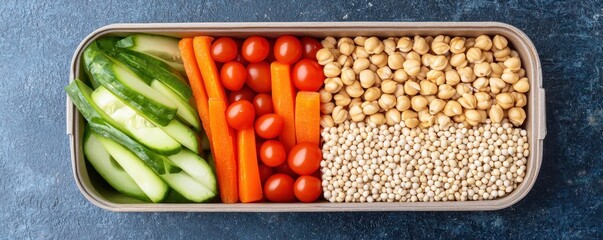A bento box filled with fresh cucumber slices, cherry tomatoes, carrot sticks, chickpeas, and quinoa arranged in neat sections.
