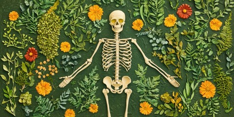 A human skeleton lies flat surrounded by vibrant green foliage and colorful flowers against a dark background, blending life and mortality in a natural setting.