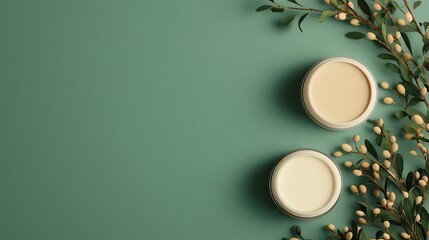 Two open jars of cream on a green surface with decorative branches placed around them, creating a natural and elegant aesthetic.