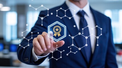 Businessman interacts with a digital quality assurance badge.