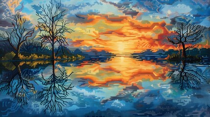 A serene landscape embroidery featuring a sunset over a lake with trees and reflections in the water.